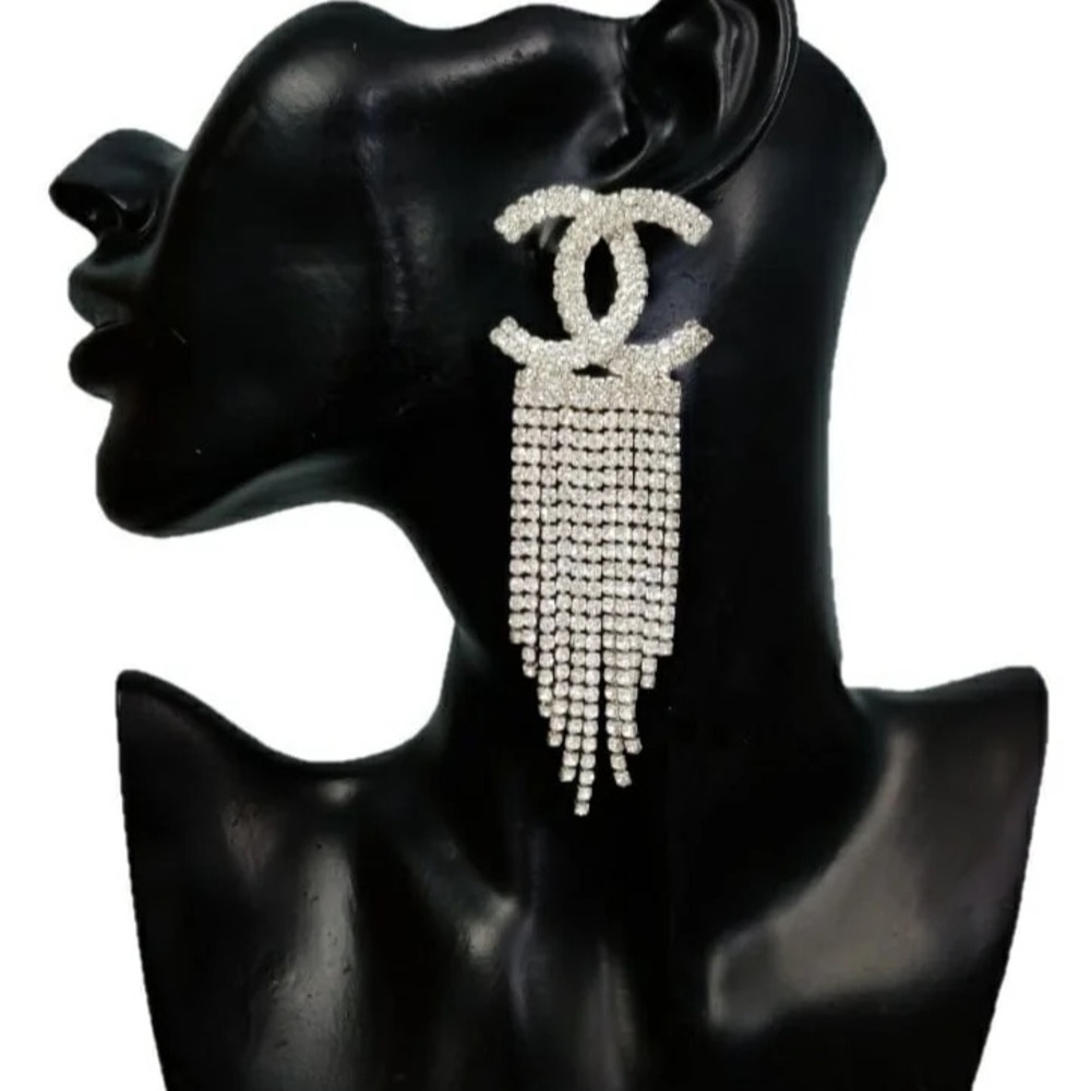 Chanel Silver Crystal Logo Earrings